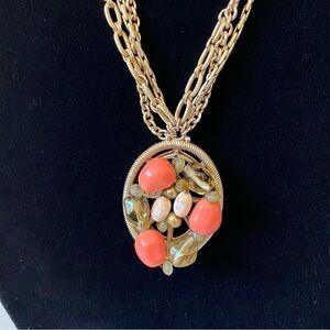 Necklace Pendant Acrylic Bead Work Light Gold Tone Multi Chains Chunky